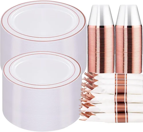 WELLIFE - Vajilla de plástico en color oro rosa, 350 piezas, 50 platos desechables con cubiertos oro rosa, tazas de 10 onzas y 50 servilletas