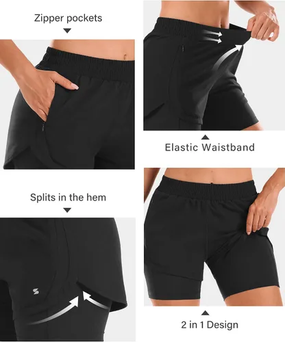 Miniatura 4 de Stelle Pantalones cortos de correr 2 en 1 para mujer, pantalones cortos deportivos de cintura alta, pantalones cortos de entrenamiento con forro
