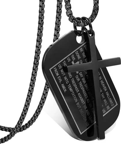 Jstyle Etiquetas de perro de acero inoxidable collares de cruz para hombres, collar de cruz de oración, cadena militar Rolo de 0.118 in, 24 pulgadas