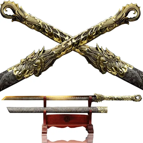 Espada china de la dinastía Tang Dao de acero al carbono, hoja recta afilada, katana con patrón de dragón, funda Dorado