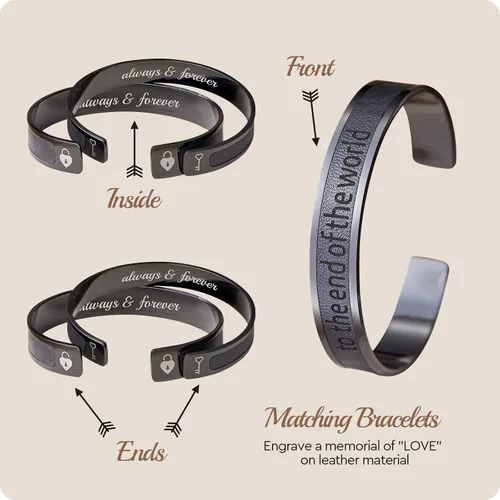 Miniatura 4 de AW BRIDAL Pulseras de acero inoxidable y cuero a juego para parejas, pulseras para mujeres y hombres, regalos de compromiso, regalos de boda