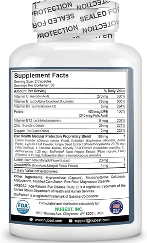Miniatura 6 de NuBest AREDS 2 Vitaminas para los ojos con polvo de zanahoria beta caroteno, 20 mg de luteína, 4 mg de zeaxantina, arándano, semilla de uva