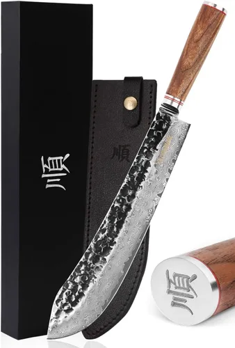 Miniatura 9 de YOUSUNLONG Cuchillo de carnicero japonés martillado de acero de Damasco de 8 pulgadas, mango de madera de nogal natural