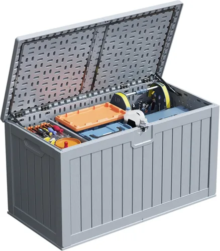 Miniatura 12 de Patiowell Caja de resina de 100 galones con cojín, caja de almacenamiento impermeable grande para exteriores para muebles de patio y herramientas
