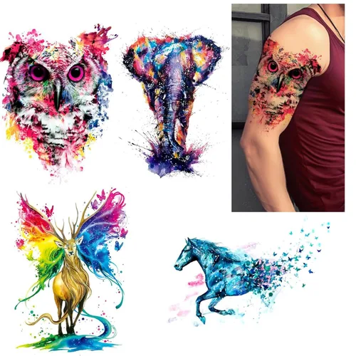 5 hojas de acuarela cuerpo temporal tatuaje pegatina lobo elefante imagen diseño pierna brazo arte sexy