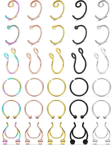 SCERRING Piercing de nariz falso de acero inoxidable para septum, piercing para el cuerpo, 30 piezas