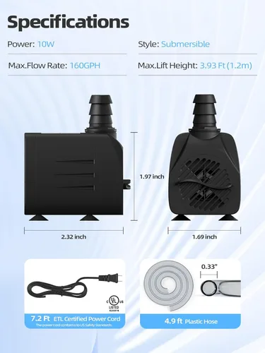 Miniatura 7 de Bomba de fuente pequeña de 160GPH (600L/H, 10W), bomba de agua sumergible ultra silenciosa con 3.93 pies de elevación alta y manguera de 4.9 pies, 2