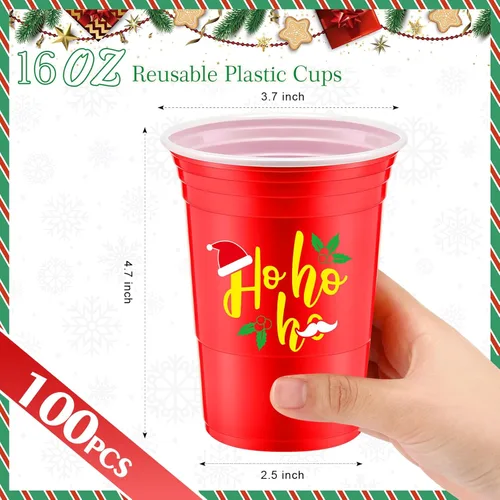 Miniatura 3 de Jinei 100 piezas de vasos desechables de Navidad de 16 onzas, vasos de plástico para fiesta de Navidad, café, chocolate caliente y bebidas frías