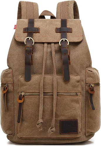 Miniatura 9 de HuaChen Mochila de viaje de lona vintage con ribete de cuero, funda acolchada para laptop, bolsillo de seguridad trasero oculto, se adapta a 14