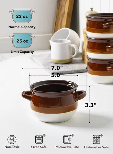 Miniatura 5 de LE TAUCI Cuencos de sopa de cebolla francesa con mangos, 22 onzas de cerámica, cuencos de sopa de cebolla francesa aptos para horno, juego de 4