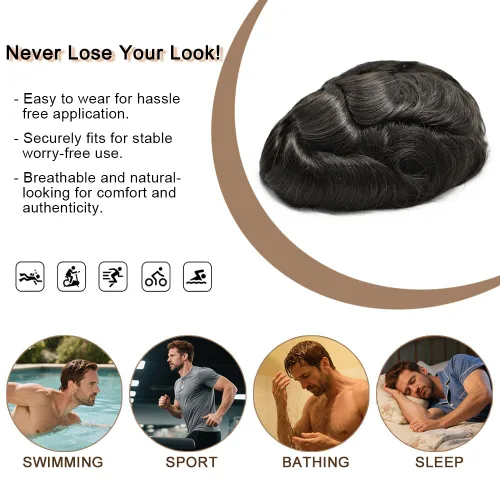 Miniatura 7 de Toupee for Men Hair Piece Real Human Hair Full Poly Skin Mens Toupee Mens Hair System Injected PU Hair System Invisible Hairpiece for