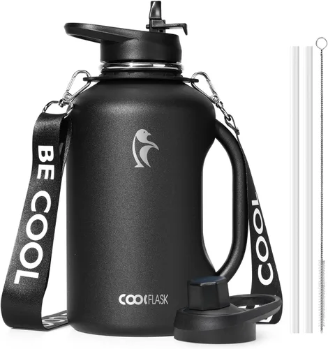 Miniatura 14 de Coolflask - Botella de agua aislada de 64 onzas, jarra de agua de medio galón con asa, popote de acero inoxidable, doble pared, de metal al vacío