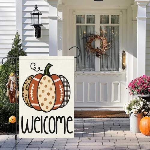 Miniatura 7 de Louise Maelys Bandera de bienvenida de otoño de 12 x 18 pulgadas, doble cara, pequeña arpillera de otoño, calabaza, fútbol, jardín, otoño, Acción