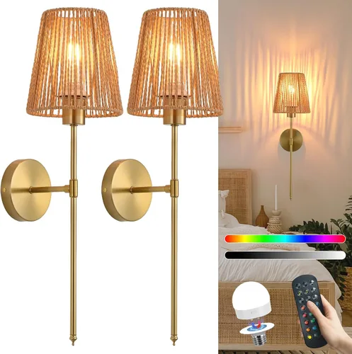 Miniatura 10 de Juego de 2 apliques de pared bohemios que funcionan con pilas, con pantalla de ratán dorado, luces de pared inalámbricas con bombillas recargables