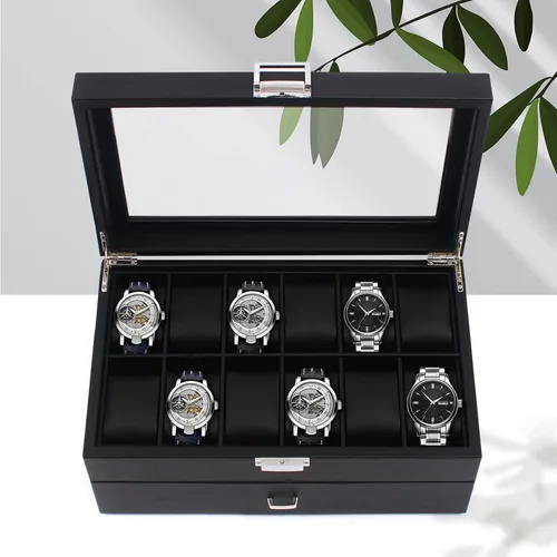 Miniatura 9 de Caja organizadora de reloj para hombres, 24 ranuras lujosa y masculina caja de exhibición texturizada de fibra de carbono - Parte superior de vidrio