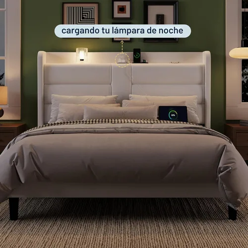 Miniatura 9 de Allewie Base de cama de plataforma tamaño Queen con estación de carga y cabecera de almacenamiento, diseño tapizado de terciopelo con respaldo