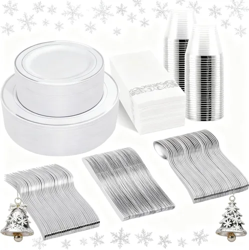 BUCLA 350 platos de plástico plateado con cubiertos y servilletas de plástico desechables. Vajilla de plástico con borde plateado que incluye 50