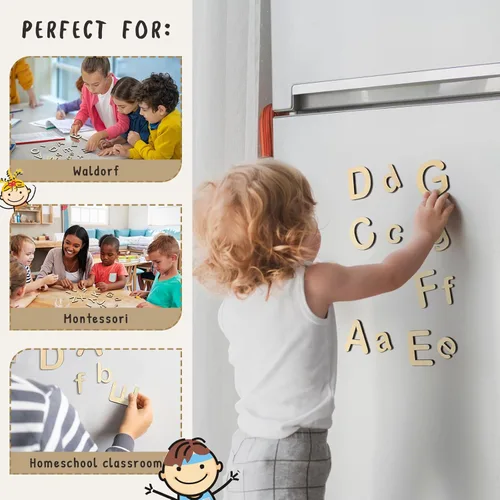 Miniatura 4 de Xuhal Kit de 52 letras magnéticas de madera para niños pequeños de 1 a 3 letras pequeñas del alfabeto magnético en mayúsculas y minúsculas, regalo