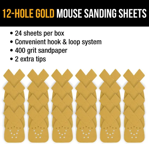 Miniatura 4 de Dura-Gold Hojas de lija de papel de lija prémium con detalles de ratón, grano 400 (caja de 24), discos de mouse con diseño de gancho y bucle de 12