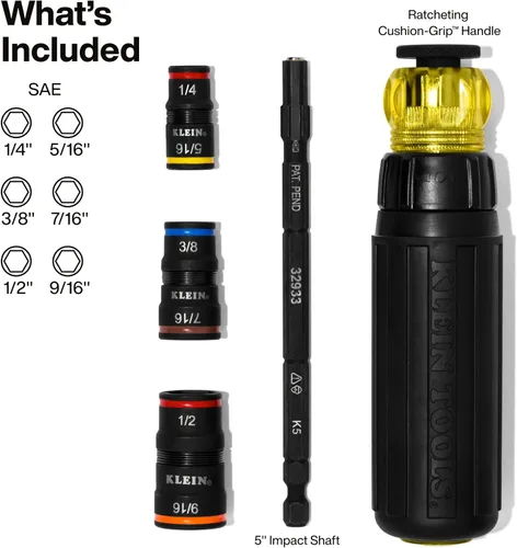 Miniatura 2 de Klein Tools 32910RCHT Destornillador de Impacto, Juego de Dados de Impacto SAE 7 en 1 con Mango de Trinquete, Dado Giratorio con Tamaños de Llave
