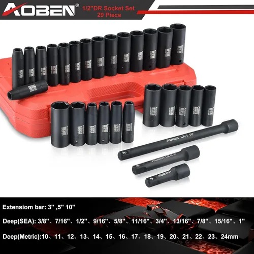 Miniatura 2 de AOBEN Juego de dados de impacto de 1/2 pulgada, 29 piezas, 6 puntos, SAE/métrico, (3/8" - 1", 0.394 in - 0.945 in), profundo, acero Cr-V, incluye