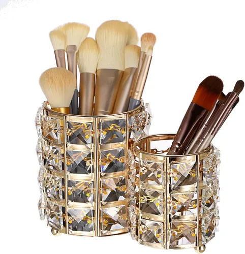 Miniatura 8 de Hipiwe Soporte para brochas de maquillaje, organizador de brochas de maquillaje de cristal dorado brillante, soporte redondo para control remoto