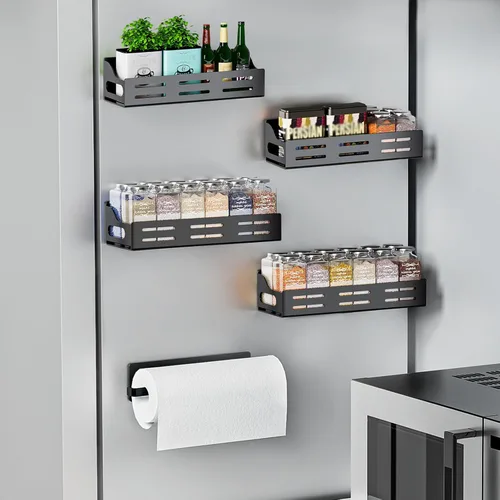Miniatura 2 de Paquete de 5 estantes magnéticos para especias para refrigerador con soporte para toallas de papel, estante magnético fuerte para nevera, estante