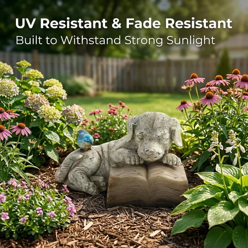 Miniatura 6 de Topadorn Estatua de jardín solar para cachorros con libro LED brillante, perro de resina pintado a mano con pájaro azul, decoración de patio al aire