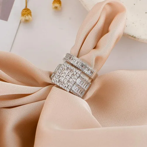 Miniatura 4 de Hiyong Juego de anillos de boda para mujer, oro blanco, circonita cúbica, anillos de compromiso de plata de moda para mujer