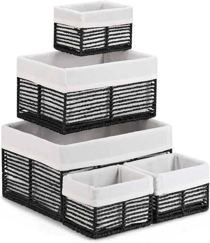 Miniatura 20 de Vagusicc Cesta de almacenamiento de mimbre, cesta de cuerda de papel tejida a mano, cesta rectangular pequeña para organizar, contenedor de Beige