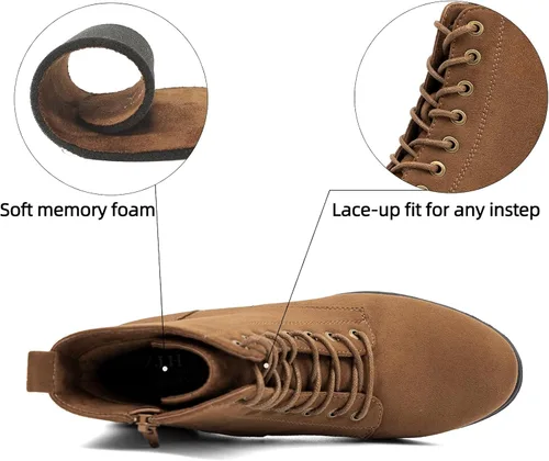 Miniatura 3 de VJH confort Botines de moda para mujer, tacón bajo, botines de combate gruesos con cordones y cremallera lateral