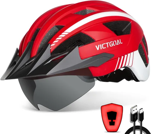 Miniatura 15 de VICTGOAL Casco de bicicleta con luz trasera recargable por USB, gafas magnéticas desmontables, visera solar extraíble, cascos de bicicleta