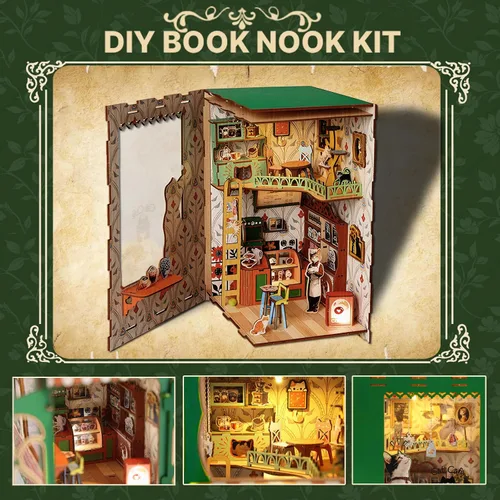 Miniatura 2 de Kit de Rincón de Libros, Kit de Casa en Miniatura DIY para Adultos, Adolescentes y Principiantes, Casa de Muñecas Booknook Café de Gatos Casa Café