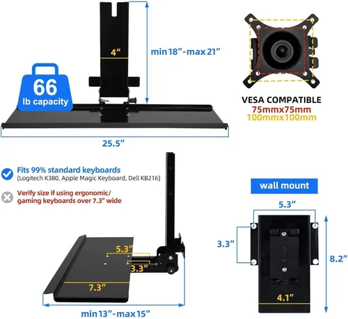 Miniatura 3 de Soporte de pared para monitor todo en uno con bandeja para teclado para Mac Mini y PC pequeñas; soporte de pared para monitor y teclado para Negro