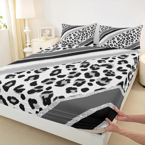 Miniatura 20 de Sábana bajera ajustable para niños, tamaño individual, diseño de cebra y leopardo con purpurina, decoración de habitación para niñas y mujeres, A1