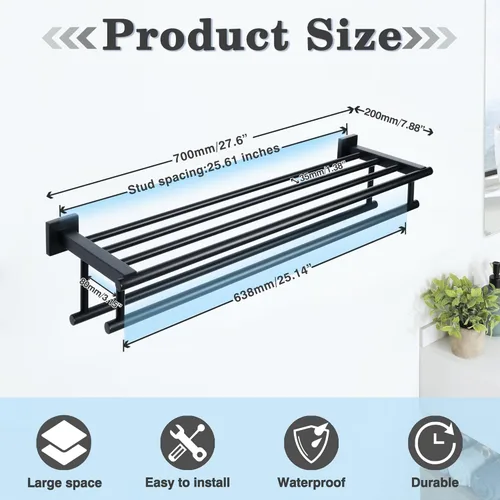 Miniatura 3 de Alise - Toallero de baño con dos barras para toallas y estante, para colgar en la pared, acero inoxidable, SUS 304 Negro mate