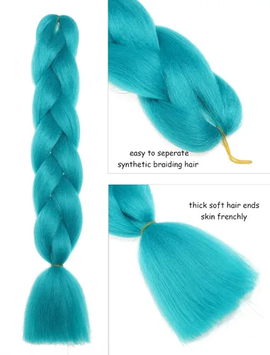 Miniatura 3 de 3 paquetes de extensiones de cabello sintético para trenzas de 24 pulgadas, color verde azulado, cabello trenzado jumbo para festivales coloridos