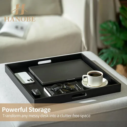 Miniatura 6 de Hanobe - Bandeja Otomana para Sala de Estar: Moderna Bandeja de Servir Extra Grande Negra Decorativa con Asas de Recorte para Mesa de Café