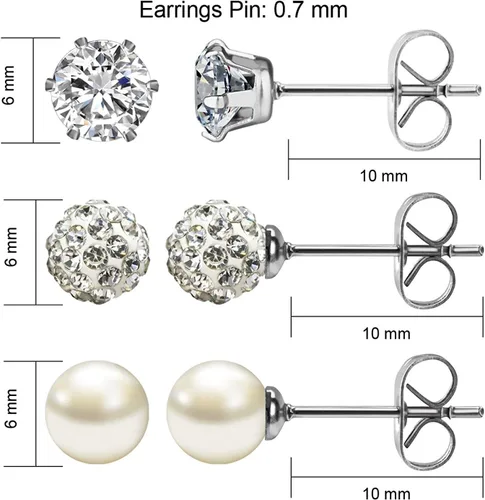 Miniatura 56 de JewelrieShop - Juego de aretes de tuerca de acero inoxidable con circonitas cúbicas y perlas de imitación, 3 pares de 0.236 in