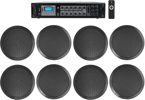 Rockville Paquete CC80T: (8) altavoces de techo comerciales negros de 8 en 70 V, RCS180-6 amplificador comercial Bluetooth de 180 vatios de 6 zonas