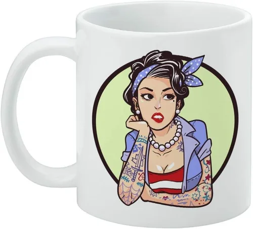 Miniatura 3 de Rockabilly - Taza de café de cerámica retro Pin Up Girl With Tattoos, novedosa taza de regalo para café, té y bebidas calientes, 11 onzas