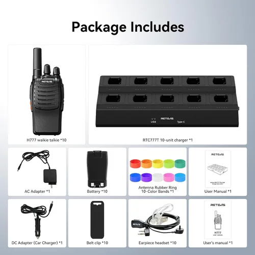 Miniatura 7 de Retevis H-777 Walkie Talkies para adultos, radio de 2 vías de largo alcance con auriculares, cargador de múltiples bandas de 10 vías, radios