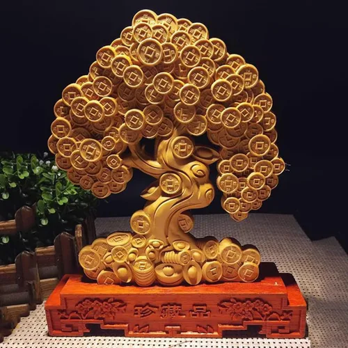 Miniatura 5 de Adornos de árbol de monedas para riqueza y suerte, escultura de árbol de dinero de madera maciza, decoración de oficina en casa, estatua de árbol