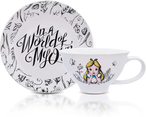 Disney Alicia en el país de las maravillas World of My Own - Juego de taza de té y platillo de cerámica de 12 onzas | Juego de regalo de fiesta de
