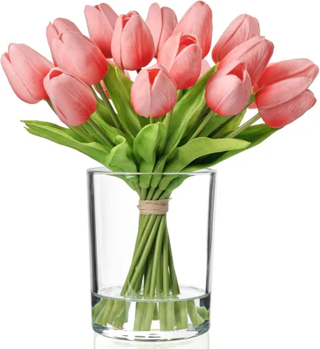 WELL KNOWN 20 piezas tulipanes artificiales en jarrón, tulipanes de color rosa coral de tacto real con jarrón de vidrio y agua falsa, centro de mesa
