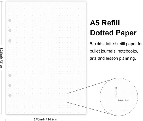 Miniatura 2 de Papel punteado A5, repuestos para planificador Filofax, organizador, carpetas, 6 agujeros perforados, 100 hojas/200 páginas, 100 g/m², blanco, 5.8 x