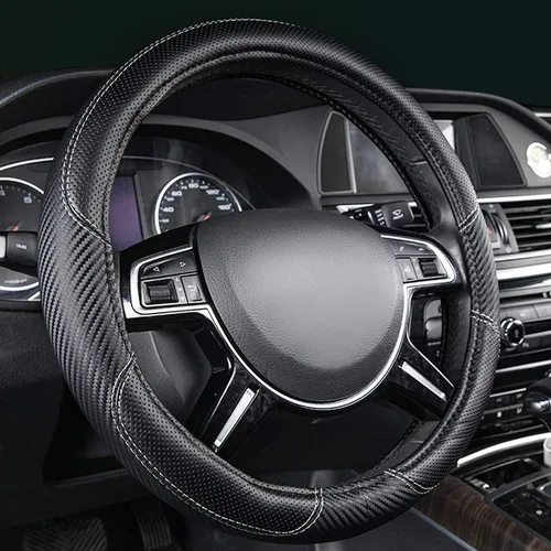 CAR-GRAND Funda de volante de fibra de carbono, de cuero transpirable de alta calidad, protección deportiva para volante, accesorios interiores