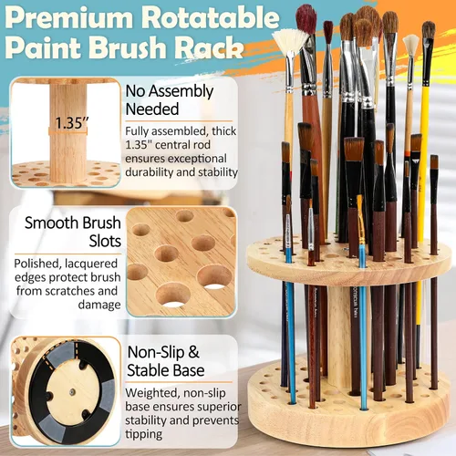 Miniatura 5 de Soporte para pinceles de pintura de 52 agujeros, organizador de pinceles de pintura giratorio de 360°, soporte de almacenamiento de madera dura