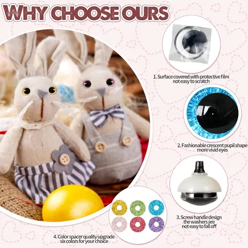Miniatura 3 de 120 ojos de seguridad con purpurina 3D de 0.394 pulgadas para ganchillo con arandelas, ojos amigurumi de ganchillo luna, ojos para animales
