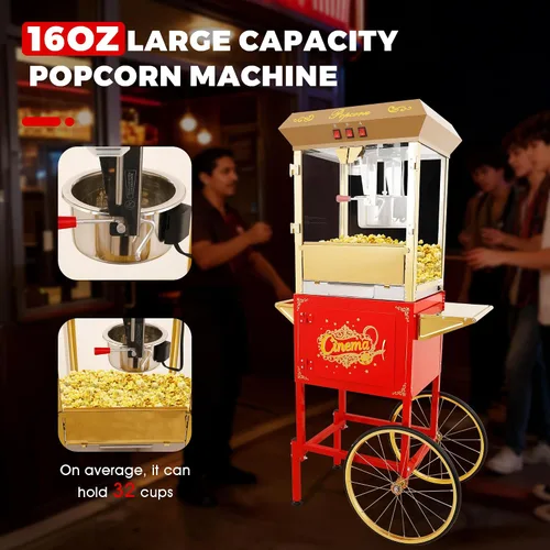 Miniatura 5 de Máquina de carrito de palomitas de maíz de 16 onzas sobre ruedas, máquina de palomitas de maíz de 850 W para 64 tazas de palomitas de maíz por lote